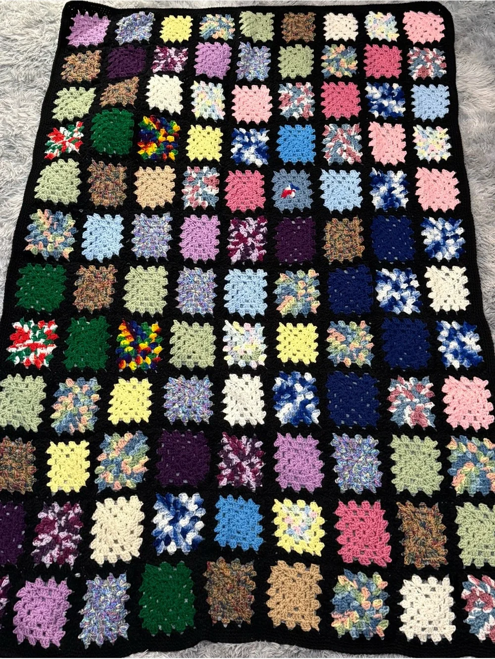 Handmade Crochet Granny Square Throw Blanket Black Multi-Color Afghan 51” X 73”